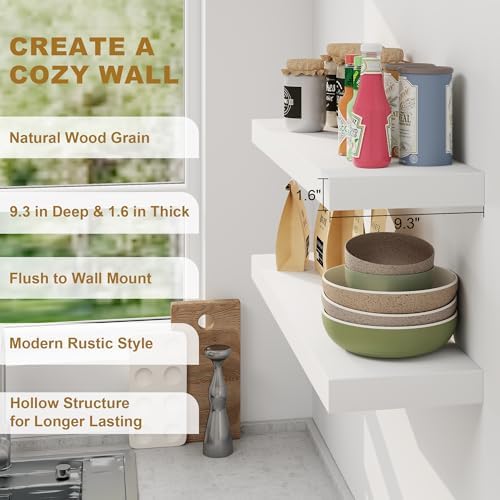 Floating Shelves, 9.3'' Deep Solid Pine Wood Wall Shelves for Storage, Wall Mounted Display Shelf with Invisible Heavy-Duty Metal Bracket, 36'' Width Set of 2, White