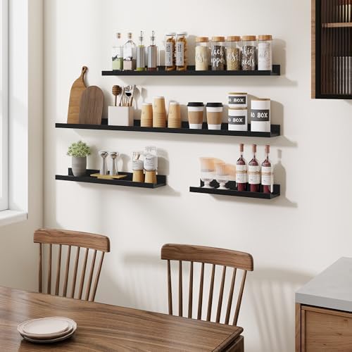 Heimlove Picture Ledge Shelf,36 inch Long Floating Shelves for Wall Set of 4,Black Picture Shelf with Lip for Wall Decor,Living Room,Bedroom,Bookshelf,Nursery,Perfume