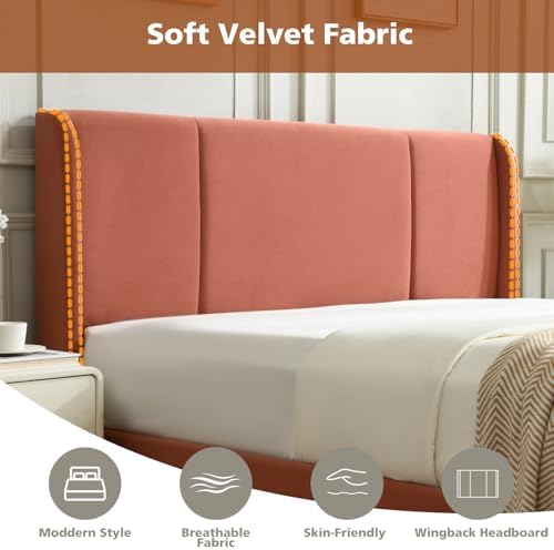 VELOCAVA King Lift Up Storage Bed Frame, Velvet-Look Upholstered Bed with Modern Wingback Headboard, Hydraulic Lift Storage, Wood Slat Support, No Box Spring Needed, Terracotta