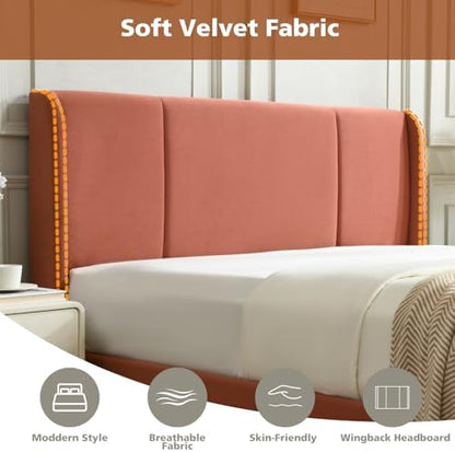 VELOCAVA King Lift Up Storage Bed Frame, Velvet-Look Upholstered Bed with Modern Wingback Headboard, Hydraulic Lift Storage, Wood Slat Support, No Box Spring Needed, Terracotta