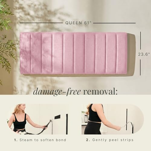 Nestl Upholstered Queen Headboard - Easy Assemble Channel Stitched Headboard Queen Size - Wall Mounted Headboards with 3D Soundproof Wall Panels Peel & Stick Floating Headboards, Pink