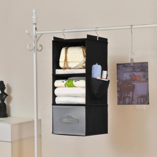 Hanging Closet Organizer with1 Drawer, 3-Shelf, Black
