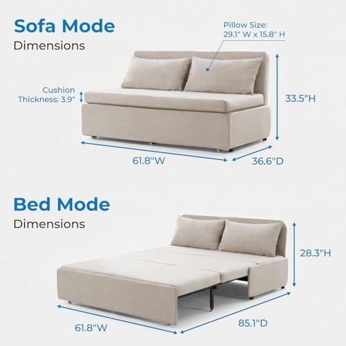 Mjkone 64" W Queen Size Sofa Bed with Pull Out Bed, 2-in-1 Modern Linen Pull Out Sleeper Sofa Couch Beds with Cushions & Throw Pillows for Small Place Apartment Living Room Office Studio, Beige