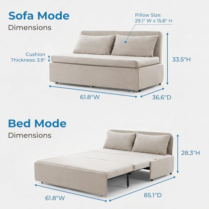 Mjkone 64" W Queen Size Sofa Bed with Pull Out Bed, 2-in-1 Modern Linen Pull Out Sleeper Sofa Couch Beds with Cushions & Throw Pillows for Small Place Apartment Living Room Office Studio, Beige