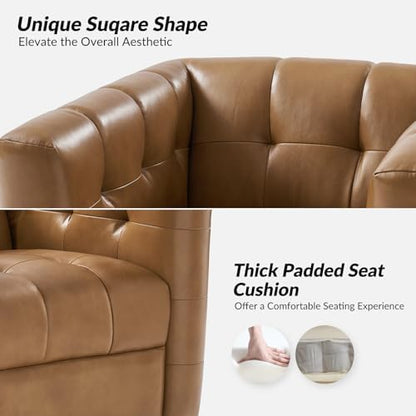 HULALA HOME Genuine Leather Swivel Accent Chairs Set of 2 with Wooden Base, Mid Century Modern Square Accent Chairs for Living Room Bedroom Club, Camel