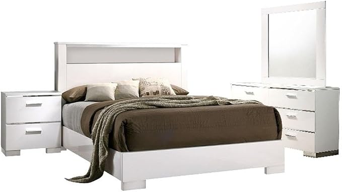 Pemberly Row 4 Pc Queen Bedroom Set, Solid Wood and Veneer, High Gloss White Finish, LED Headboard with Shelf, Chrome Accents, Includes Nightstand, Dresser, Mirror, Modern Bedroom Furniture