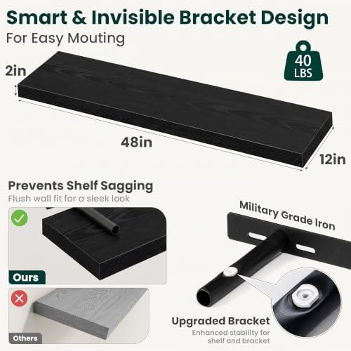 12 Inch Deep Floating Shelves Black, 48 Inch Long, 2" Thick Floating Shelves for Wall, Hidden Bracket, Scratch-Resistant Wood Grain for Bedroom Bathroom Kitchen, Coffee Bar, Bookshelf