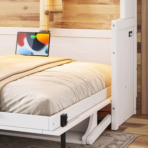 Bellemave Queen Murphy Bed with Desk,LED Lights, Cabinet Bed Frame with USB Port, Noisy Free, for Guest Bedroom, Living Room, White