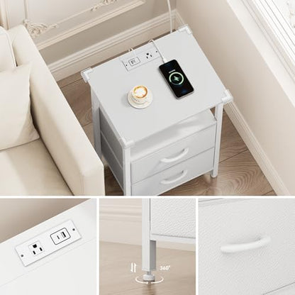 Vagusicc Nightstand with Charging Station, End Table with Fabric Drawers, Side Tables with Storage Shelf, 24.2" Tall Bedside Table with USB Ports & Outlets, Night Stand for Bedroom, White
