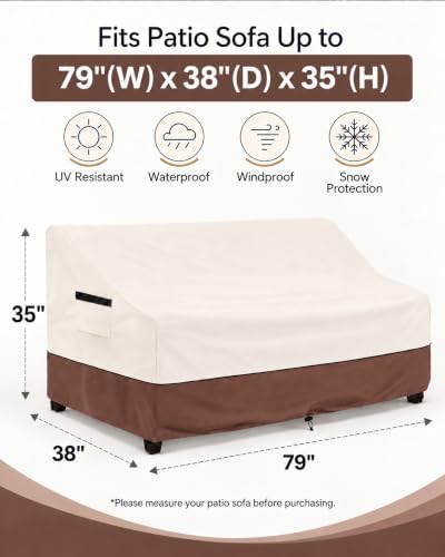 Patio 3-Seater Sofa Cover,Outdoor Couch Cover Fits up to 79W x 37D x 35H Inches,100% Waterproof Heavy Duty Patio Furniture Covers,Beige&Brown