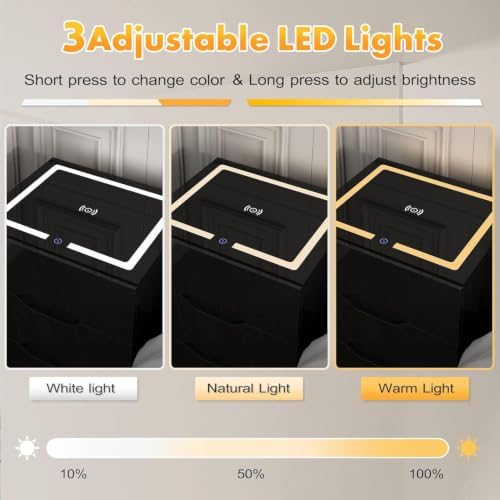 kepptory 3 Drawer Nightstand with Charging Station, Smart Bedside Table with Wireless Charging & LED Lights, High Gloss End Table with USB Ports, Modern Storage Cabinet Organizer for Bedroom, Black