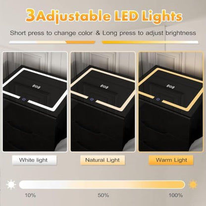 kepptory 3 Drawer Nightstand with Charging Station, Smart Bedside Table with Wireless Charging & LED Lights, High Gloss End Table with USB Ports, Modern Storage Cabinet Organizer for Bedroom, Black