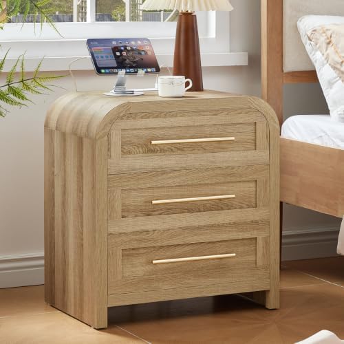 Curved 22'' Nightstand with Charger, Drawers-Oak