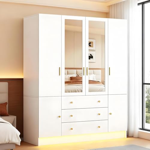 4 Doors LED Wardrobe Closet, 75" Tall Modern Armoire with Mirror & 3 Drawers, Wooden Armoire Wardrobe Closet for Bedroom, Hanging Rod, Freestanding Clothing Storage Cabinet, White