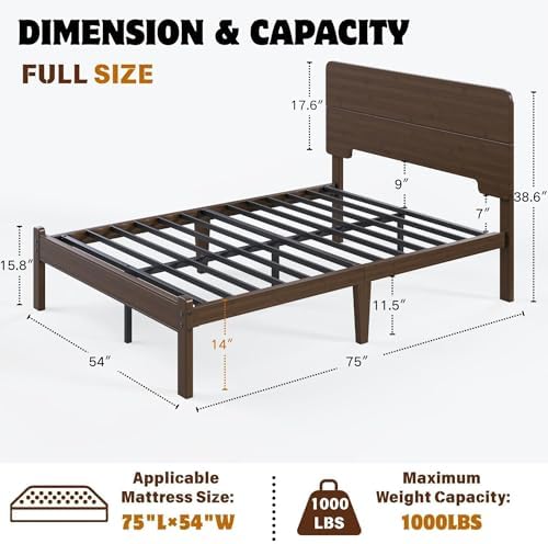 14 Inch Solid Bamboo Wood Full Size Bed Frame with Headboard, Platform Bed Frame Full with Metal Slats, No Box Spring Needed, Easy Assembly, Noise-Free, Walnut