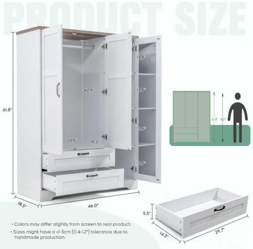 XIAO WEI Armoire Wardrobe Closet with 3 Door, Bedroom Wooden Armoires with Full Length Mirror, Large Clothing Storage Cabinet 2 Drawers, Hanging Rod, Shelves (White, 3 Door)