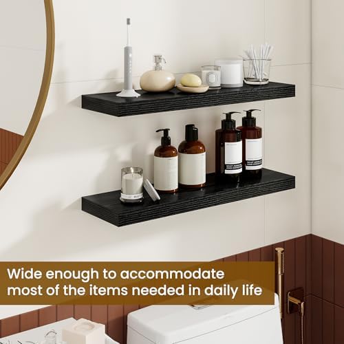 Dreamland 24Inch Floating Shelves for Wall, Rustic Wooden Black Floating Shelves for Bathroom|Bedroom|Kitchen, Deep Wall Mounted Book Shelf, Wood Storage Display Shelf for Home Decor, Set of 2