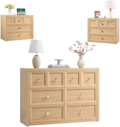 3 Piece Bedroom Set - Includes 6 Drawer Dresser and 3 Drawer King Size Nightstands Set of 2 with Charging Station, 3 Piece Farmhouse Dresser and Nightstand Sets,Natural Oak