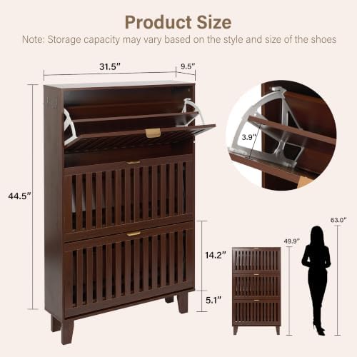 Shoe Cabinet, Slim 3 Flip Drawers for Entryway, Walnut