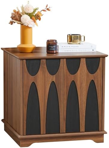 24inch Large Square End Table with Storage, Walnut and Black