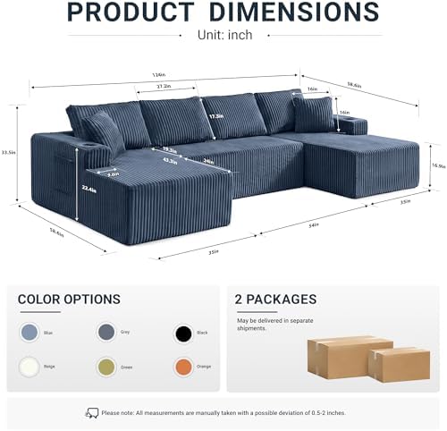 ivoros 124" Cloud Boneless Couch, Oversized Sectional Couches for Living Room, Modern Modular Couch with Cup Holders, Blue Comfy Corduroy U Shape Sofa Couch for Apartment