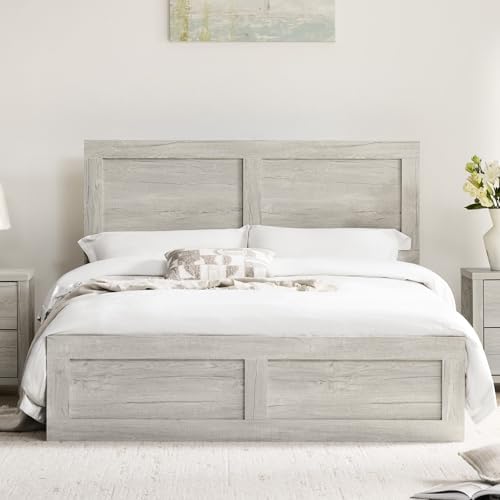 KISLOT Wood Bed Frame with Headboard and Footboard, Light Gray, Full