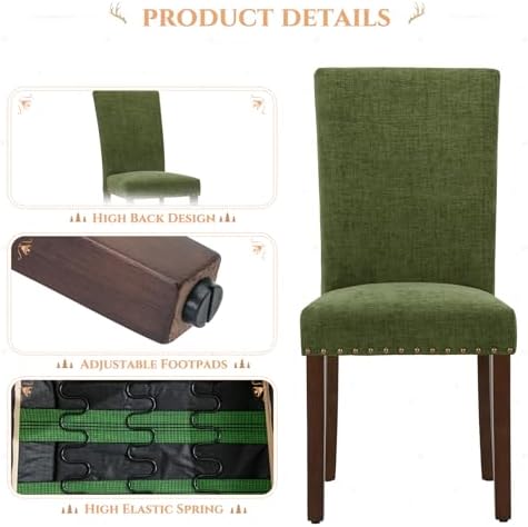 Parsons Dining Chairs Set of 4, Upholstered Nailhead Dining Room Kitchen Side Chair with Thick Cushions and Wood Legs, Green