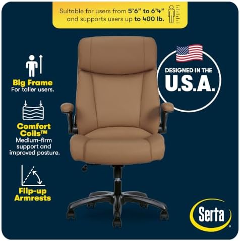 Serta Big and Tall Office Chair with Lumbar Support, Flip Arm Leather Chair