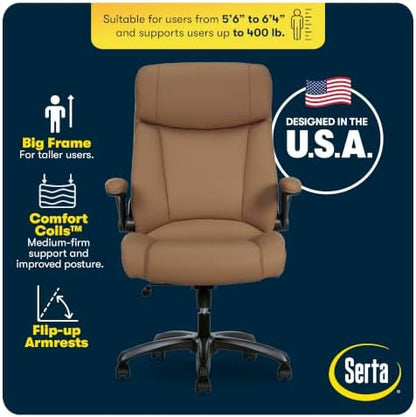 Serta Big and Tall Office Chair with Lumbar Support, Flip Arm Leather Chair