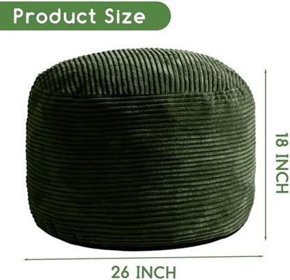 HIGOGOGO Round Stuffed Pouf Ottoman, Corduroy Poufs with Foam Chunk Filling, Furry and Fluffy Pouf Foot Stool Storage Ottoman, 26 X 18 Floor Poufs Foot Rest for Living Room, Dark Green