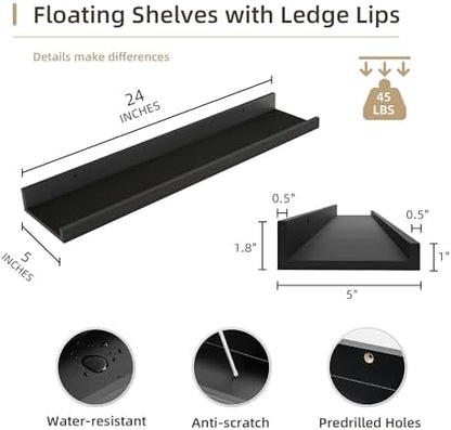 Picture Ledge Shelf, MDF Wood Floating Shelves Set of 2, Picture Ledge Photo Ledge Wall Mounted for Living Room Kids' Room Bedroom, Color Black (Black, 24in-2pcs)