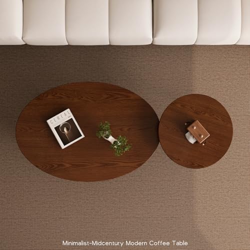 2 Pcs Small Oval Coffee Table,31.5" Retro Walnut Coffee Tables Nesting Tables Set,Easy Assembly Mid Century Modern Coffee Tables for Living Room Office,Coffee Table and End Table Sets