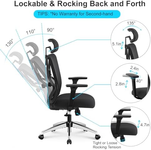 Ticova Ergonomic Office Chair - High Back Desk Chair with Adjustable Lumbar Support & 3D Armrest - 130°Reclining & Rocking Mesh ComputerChair with Thick Seat Cushion & Rotatable Headrest