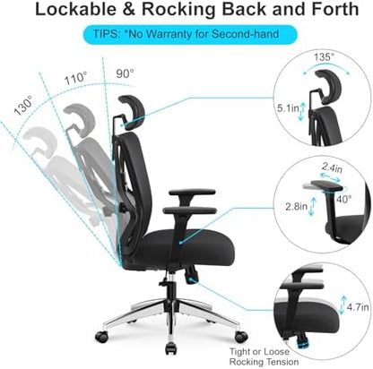 Ticova Ergonomic Office Chair - High Back Desk Chair with Adjustable Lumbar Support & 3D Armrest - 130°Reclining & Rocking Mesh ComputerChair with Thick Seat Cushion & Rotatable Headrest