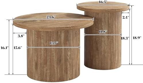 AMERLIFE Rustic Nesting Coffee Table Set of 2, Wood Finish Coffee Table Set, Farmhouse Round Sofa Side Tables for Living Room, Small Spaces, Natural Finish