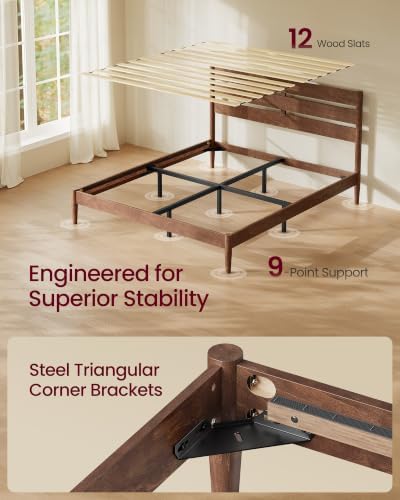 VASAGLE Queen Bed Frame, Wood Platform Bed with Headboard Storage Shelf