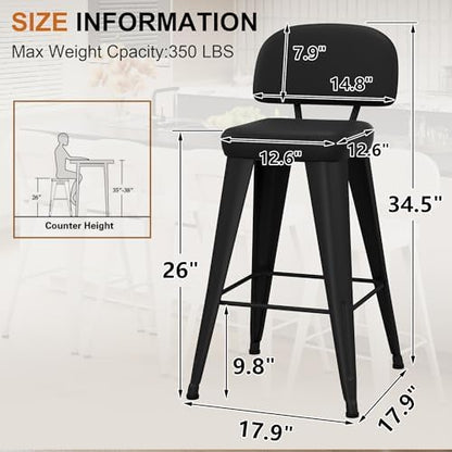 Aklaus PU Leather Metal Bar Stools 26 inch Faux Leather Counter Height Barstools Set of 4 Modern Farmhouse Bar Chairs with High Back and Faux Leather Seat for Kitchen Island Dining Room Matte Black