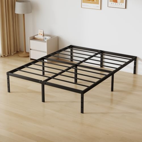 Queen Size Metal Platform Bed Frame 18 Inch Tall, No Box Spring Needed, Heavy Duty Sturdy Support, Underbed Storage Space, Easy Assembly, Black