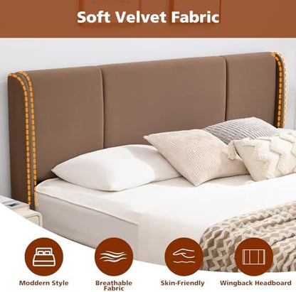 VELOCAVA California King Lift Up Storage Bed Frame, Velvet-Look Upholstered Bed with Modern Wingback Headboard, Hydraulic Lift Storage, Wood Slat Support, No Box Spring Needed, Brown