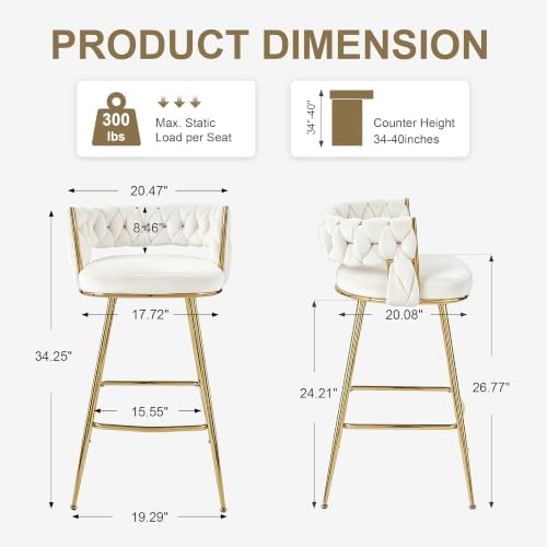 VECELO Bar Stools Set of 4, Counter Height Bar Stools, 26 inch Seat Barstools with Woven Back and Footrest for Kitchen Island Counter, White