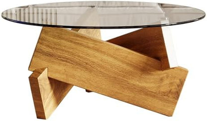 Honyee Modern Round Coffee Table, 30.7" x 30.7" x 16.1" Tempered Glass Top for Living Room, Color: Natural Wood
