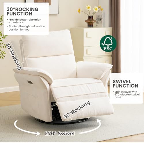 Oversized Rocking Chair Nursery with Massage and Heat, Glider Recliner Nursery Chair with Adjustable Headrest, Power Swivel Rocker Recliner Chair with USB Port, White