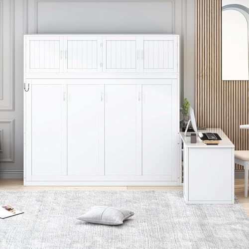 MERITLINE Queen Horizontal Murphy Bed with Desk and Storage Bookcase Shelves,Pine Wood Murphy Wall Bed with Storage Shelves and Desk,for Adults (White)
