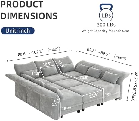 LLappuil 102" Modular Sectional Sofa with Storage Seat, Cozy Chenille Sleeper Sectional Couches for Living Room with Adjustable Armrest Backrest, Luxury Grey