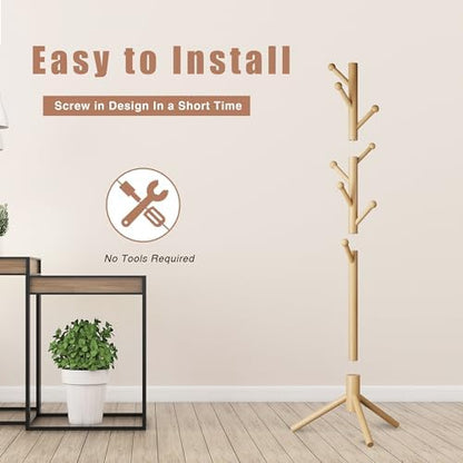 8-Hook Freestanding Coat Rack 3 Heights Safe Round Tips Nature