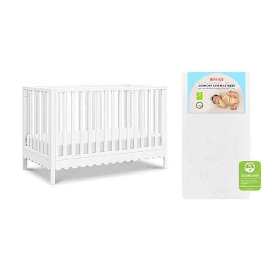 Davinci Sammy Scallop 4-in-1 Baby Crib & Mattress Bundle - White | Low-Profile Crib Convertible to Toddler Bed, Daybed, Full Bed - Easy to Assemble - Includes Mattress w/ Waterproof Cover