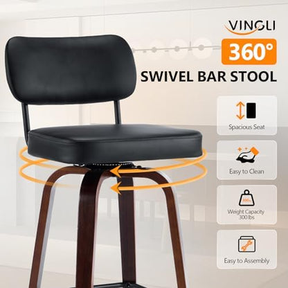 VINGLI Modern Bar Stool 26" H, PU Leather 360° Swivel, Solid Wood Legs Barstools for Kitchen Island & Home Bar, Black 3 Pack