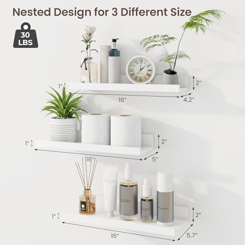 Picture Ledge Shelf, 16 Inch White Floating Shelves Set of 3