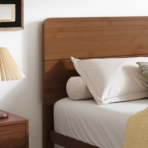 BOSRII 14" Twin Size Bamboo Wood Platform Bed Frame with Headboard, Brown