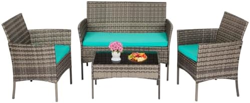 FDW 4-Piece Patio Furniture Set | Gray & Blue | Outdoor Wicker Furniture